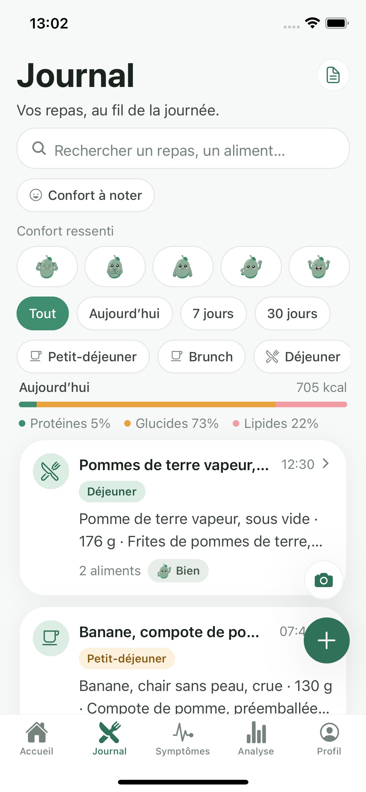 Écran Journal de l’application Digelia